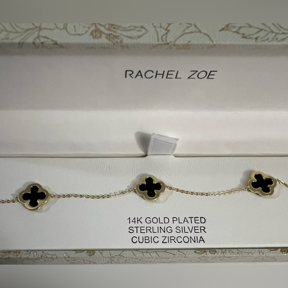 New Rachel Zoe 14K Gold Plated 4 Leaf Cubic Zirconia Black & Gold Bracel… - Picture 5 of 16